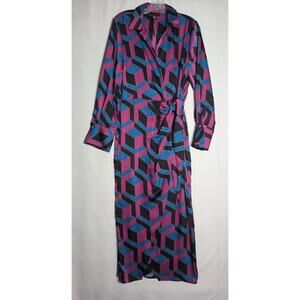 HOUSE OF HARLOW 1960 Satin Wrap 52" Long Maxi Dress Bold Geometric Print Retro